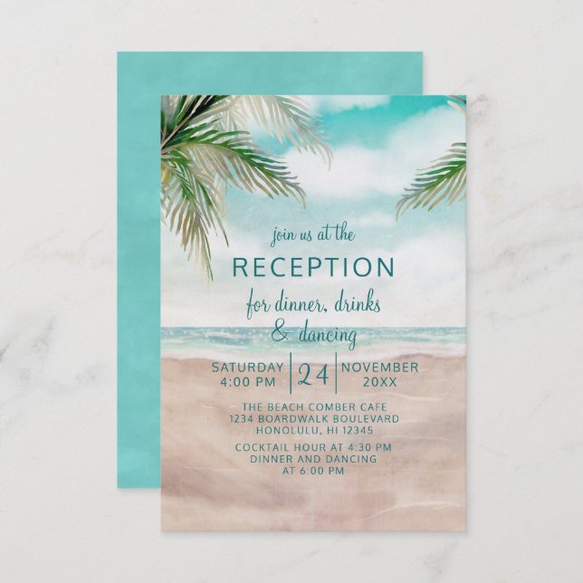 Invitation Réception de mariage tropical sur la plage d'Islan (Devant / Derrière)