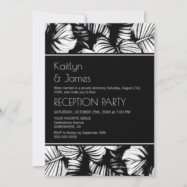 Invitation Réception de mariage tropicale aux palmiers noir e (Devant)