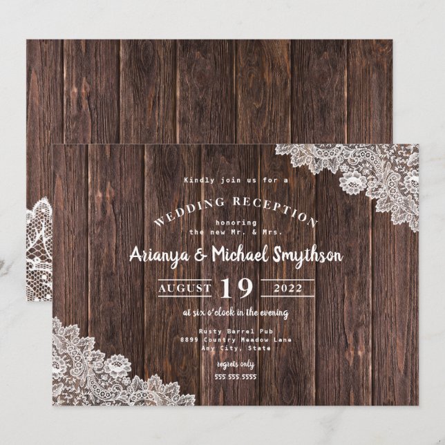 Invitation Réception de mariage uniquement Rustic Lace et Dar (Devant / Derrière)