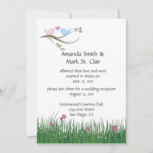Invitation Réception de mariage uniquement tourtereaux rose e (Devant)