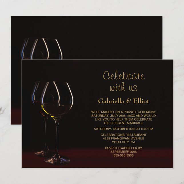 Invitation Réception de mariage Verre à vin noir or Party (Devant / Derrière)