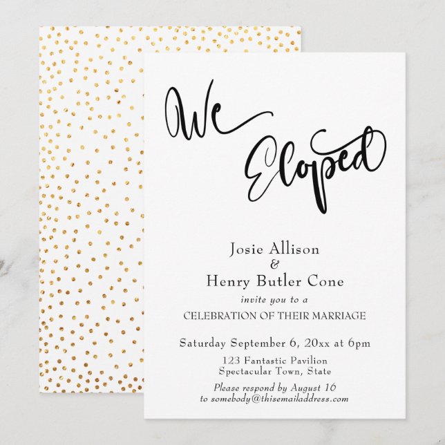 Invitation Réception de mariage We Eloped, confettis dorés (Devant / Derrière)