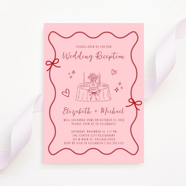 Invitation Réception de mariage Whimsical Rose Red Wavy Frame (Fun reception invitation featuring a whimsical hand drawn wedding table with hearts + coquette bows)