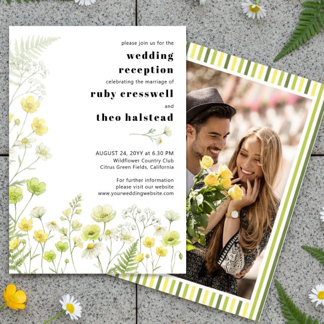 Invitation Réception de photo de rayure de fleur sauvage d'ag (Wedding Reception Only Invitation - from Citrus Green Wildflower wedding collection by Darling & May)
