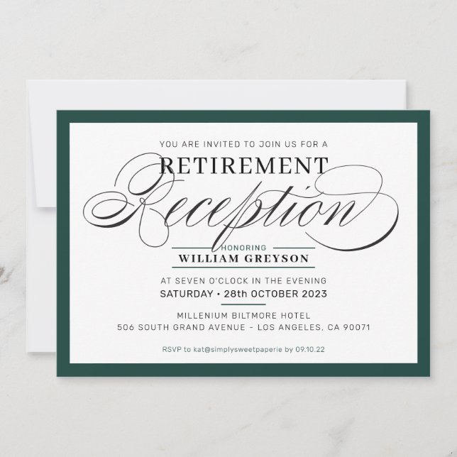 Invitation RÉCEPTION DE RETRAITE vert foncé simple moderne (Devant)