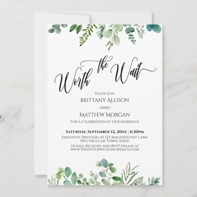 Invitation Réception de verdure d'eucalyptus «Vaut l'attente» (Devant)