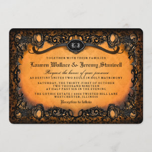 Invitation RÉCEPTION du mariage d'Halloween noir et orange de