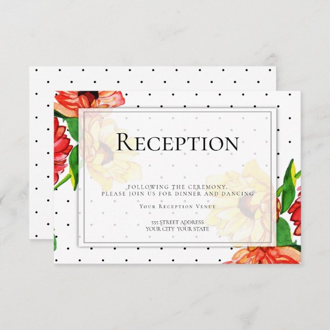 Invitation Réception | Floral pois et jaune rouge (Devant / Derrière)