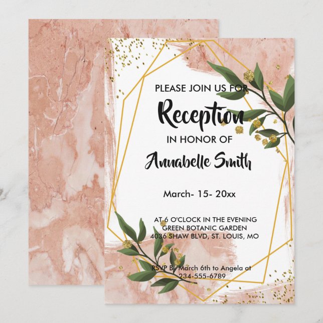 Invitation Réception florale moderne à cadre doré vert ivoire (Devant / Derrière)