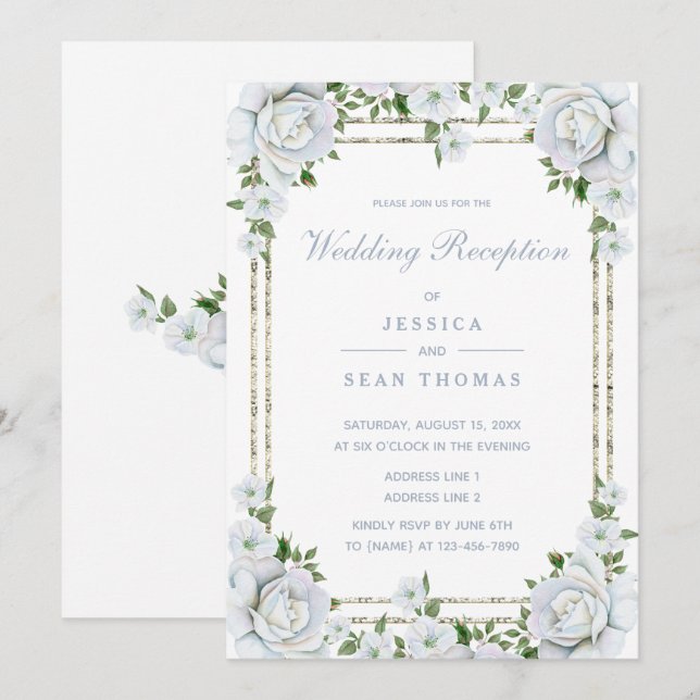 Invitation Réception florale Roses Chic et Bordure Argentée (Devant / Derrière)