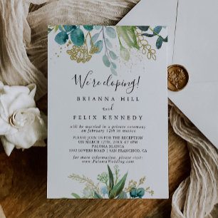 Invitation Réception Gold Floral Tropical Green Elopement