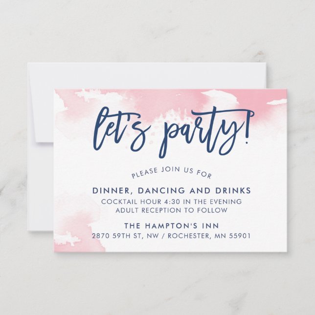 Invitation RÉCEPTION jolies lettres manuscrites aquarelle ros (Devant)