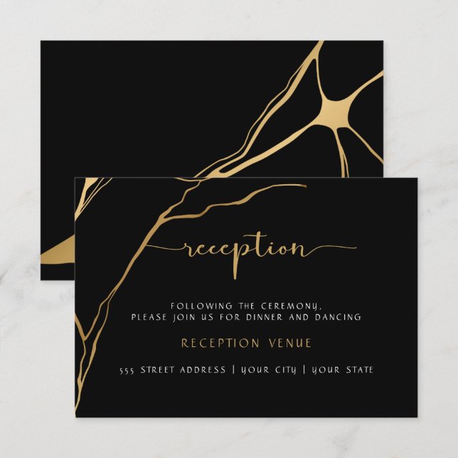 Invitation Réception Kintsugi Noir et Or (Devant / Derrière)