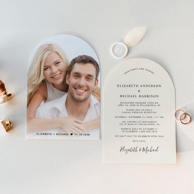 Invitation Réception Mariage à la crème Chic Arch (Celebrate your love story with a chic arch-shaped elopement announcement and reception invitation)