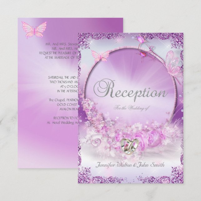 Invitation Réception Mariage Rose Lilas Anneaux Papillon (Devant / Derrière)