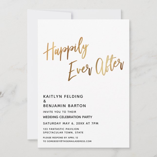 Invitation Réception minimale de script en or pour Happily Ev (Devant)