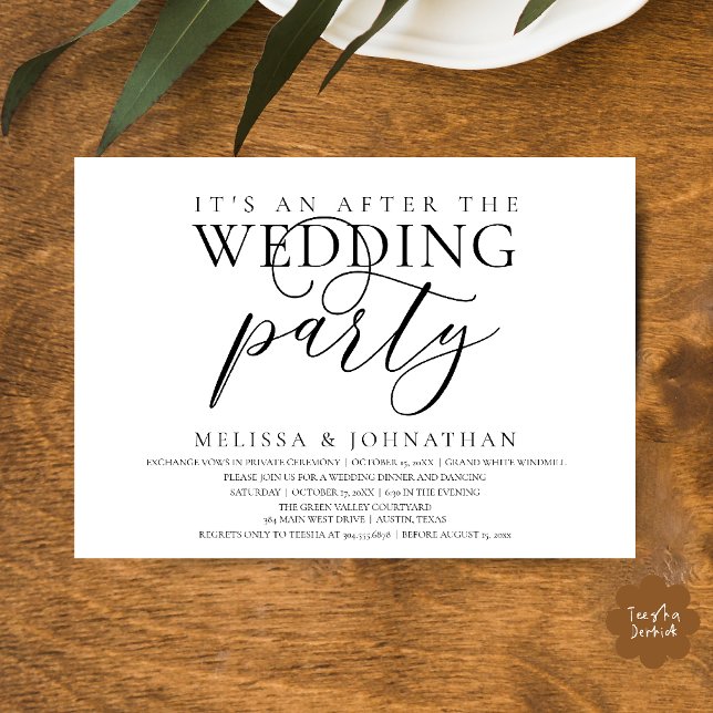 Invitation réception moderne, C'est une fête après le mariage (modern reception, It's an after the wedding Dinner Dancing Party Invitation Card in Black and White)