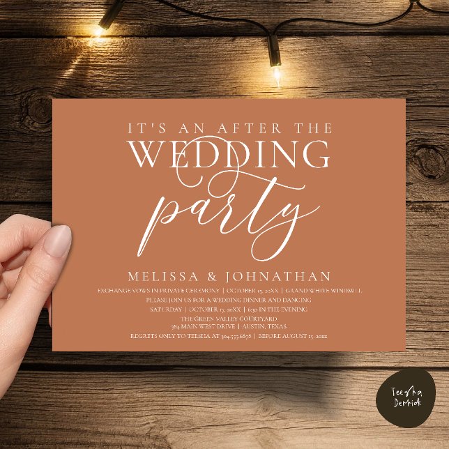 Invitation réception moderne, C'est une fête après le mariage (modern reception, It's an after the wedding Dinner Dancing Party Invitation Card in Copper Brown)