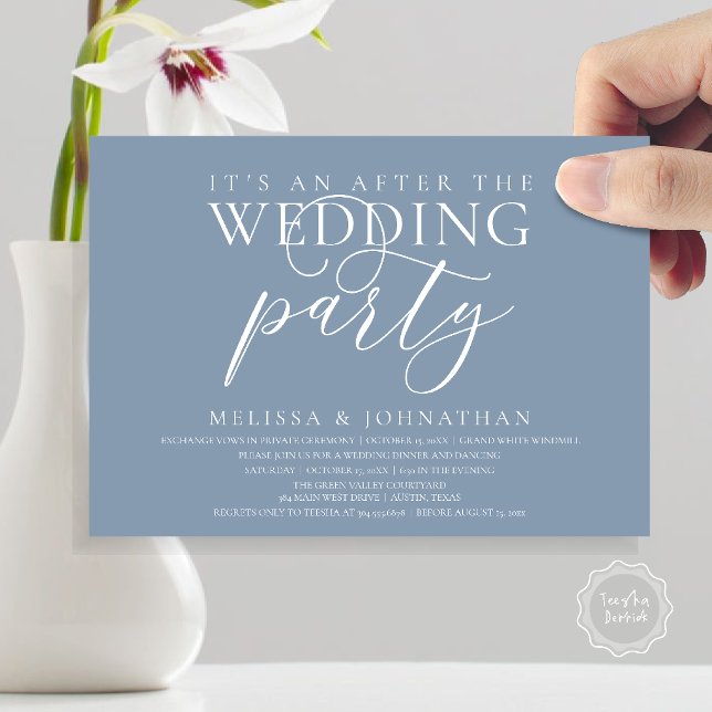 Invitation réception moderne, C'est une fête après le mariage (modern reception, It's an after the wedding Dinner Dancing Party Invitation Card in Dusty Blue)