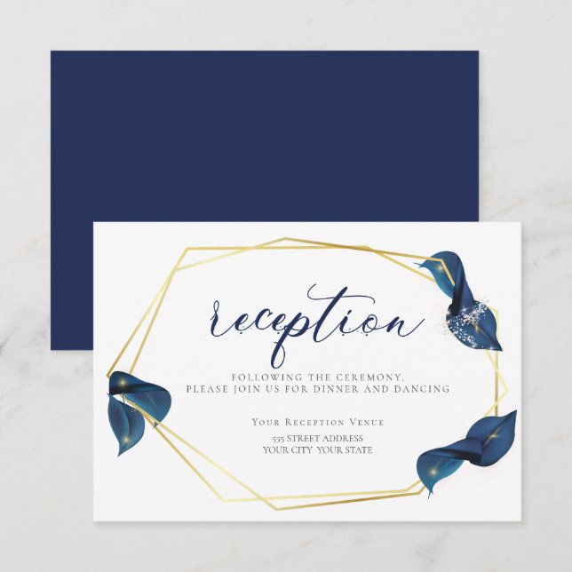 Invitation RÉCEPTION | Moderne Deep Indigo Bleu et Or (Devant / Derrière)