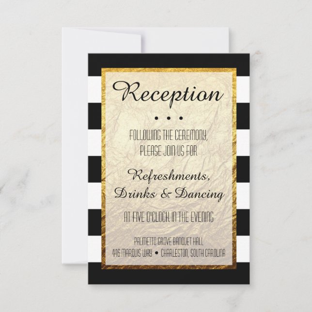 Invitation Réception moderne Faux Gold Black White Stripe Not (Devant)