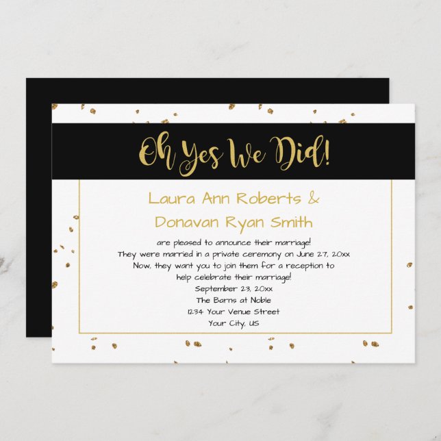 Invitation Réception moderne Noir Blanc Or Étincelle Seulemen (Devant / Derrière)