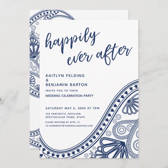 Invitation Réception Navy Happily Ever After Paisley uniqueme (Devant / Derrière)
