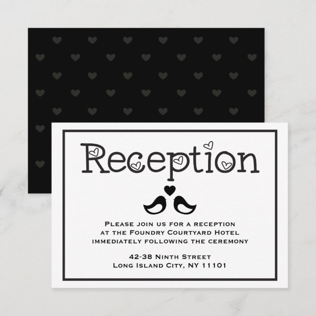 Invitation Réception Noir & Blanc Inséparables Cœurs Mariage (Devant / Derrière)