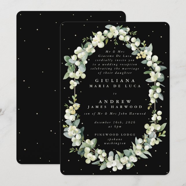 Invitation Réception officielle noire formelle Snowberry+Euca (Devant / Derrière)