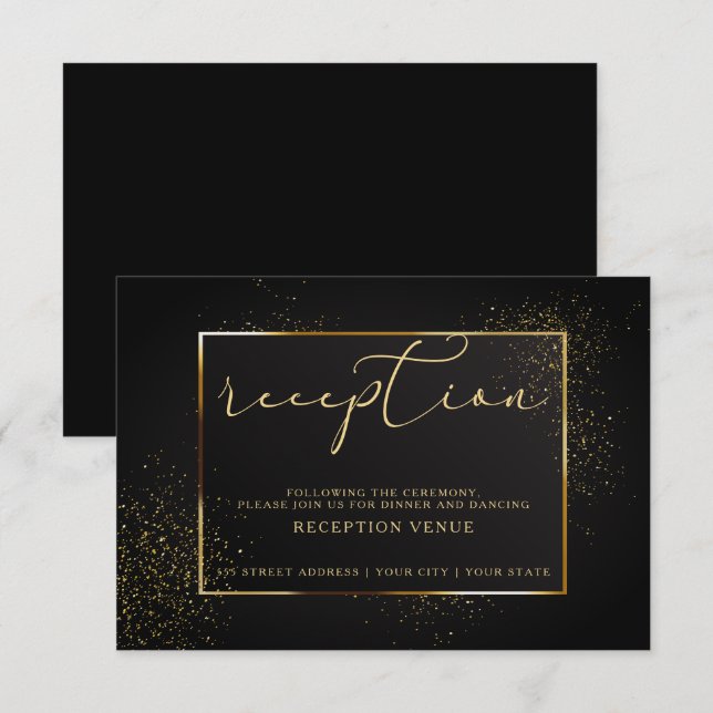 Invitation RÉCEPTION | Paillettes élégantes noires et dorées (Devant / Derrière)