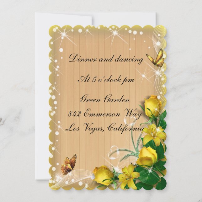 Invitation Réception Papillon Floral Bois Rustique Jaune (Devant)