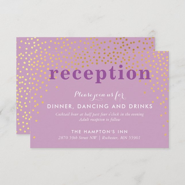 Invitation RÉCEPTION PARTIE rustique chic or confetti violet (Devant / Derrière)