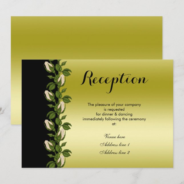 Invitation Réception Romantique Florale Élégante Or & Noir (Devant / Derrière)
