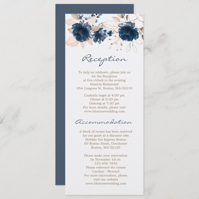 Invitation Réception rose bleue, hébergement hôtel Mariage (Devant / Derrière)