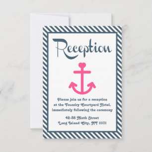 Invitation Réception Rose Nautique Ancre Bleue & Rayure Blanc