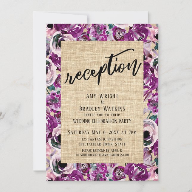 Invitation Réception Rose Pâle Gras Fleur Aquarelle Burlap (Devant)