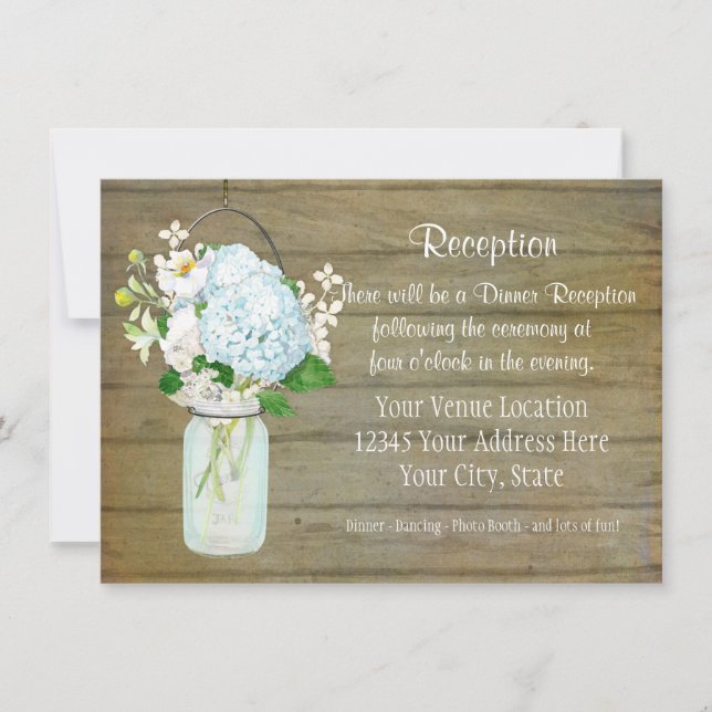 Invitation Réception rustique Pays Mason Jar Blue Hydrangeas (Devant)