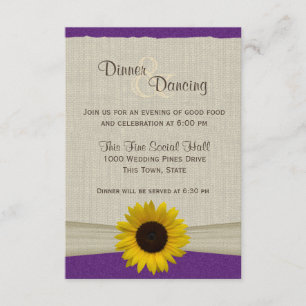 Invitation Réception tournesol et toile de jute violet et jau