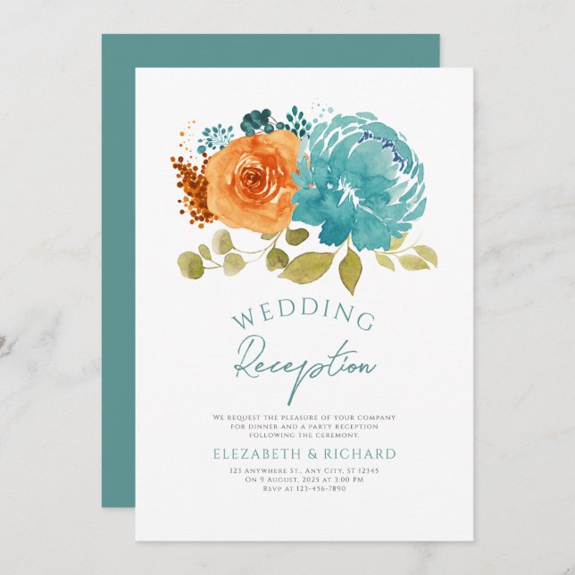 Invitation Réception turquoise de Mariage de automne Floral O (Devant / Derrière)
