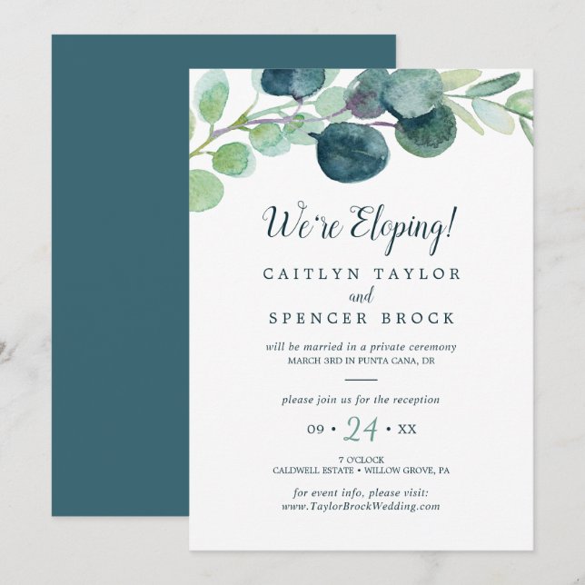 Invitation Réception verdoyante et Eucalyptus Elopement (Devant / Derrière)