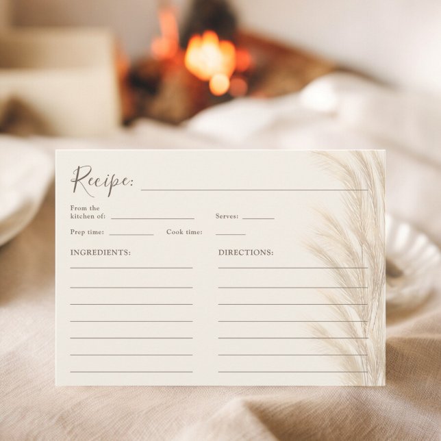 Invitation Recette de mariage à l'aquarelle avec herbe de pam (Boho beige pampas grass watercolor bridal recipe invitation)