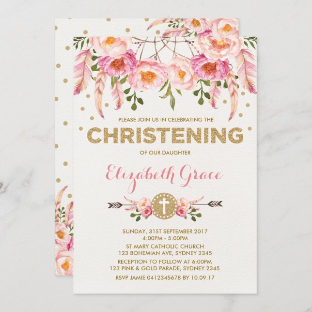 Invitation Receveur rêveur floral d'or de rose de baptême de (Devant / Derrière)
