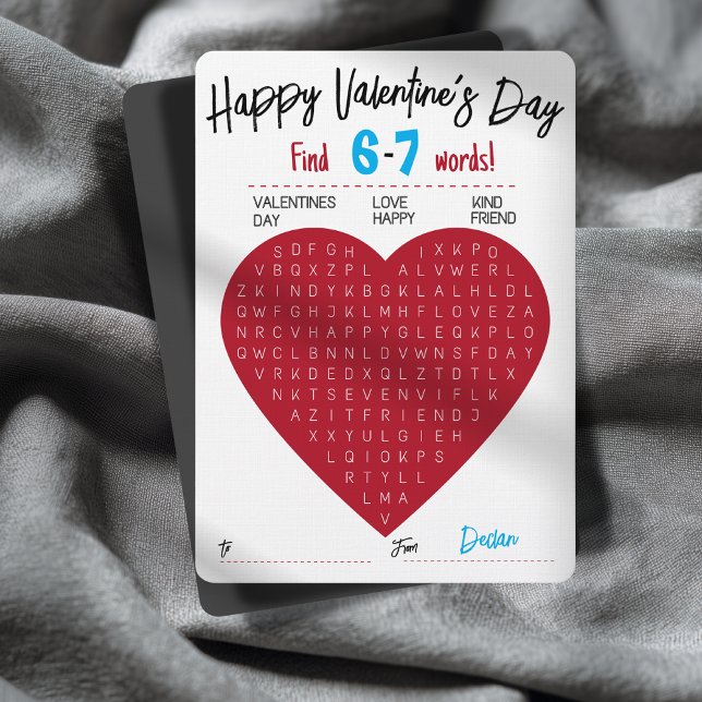 Invitation Recherche de mots de la Saint-Valentin Six Sept Cœ (Fun Valentine Word Search Card Customizable Name 6-7 Trendy Classroom Activity)