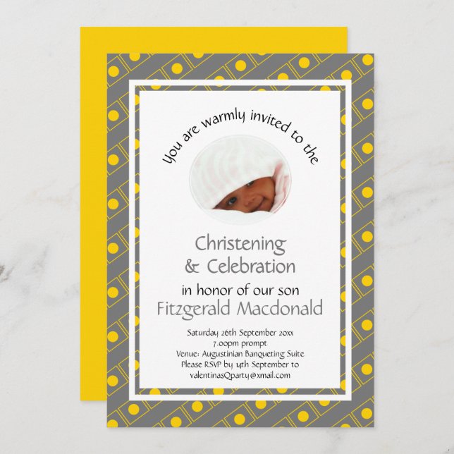 Invitation RECHERCHER LE Baptême | Photo | Gris jaune élégant (Devant / Derrière)
