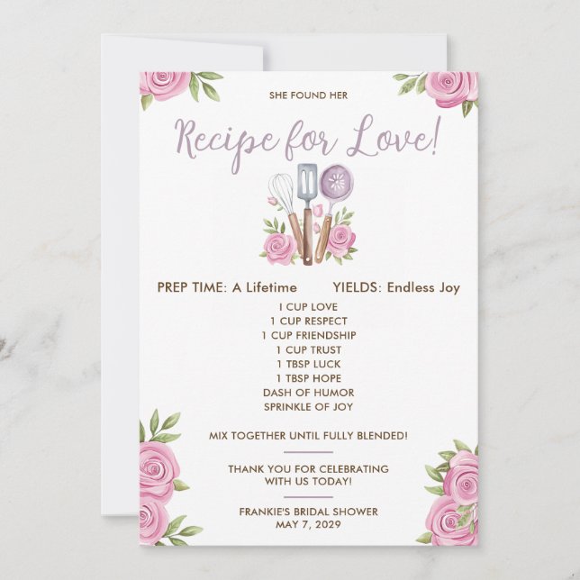 Invitation Recipe for Love Bridal Shower Favor Cards (Devant)