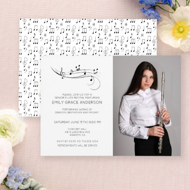 Invitation Récital de flûte Notes de musique Photo en noir et (Easily personalize this recital invite with your photo and details.)