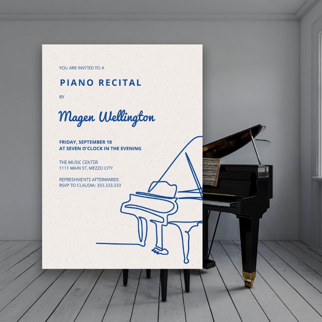 Invitation Récital de piano à queue moderne en dessin au trai (Modern Line Drawing Grand Piano Recital Invitation)