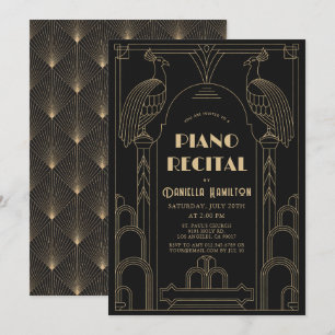 Invitation Récital de piano Art Déco années 1920 Paon noir