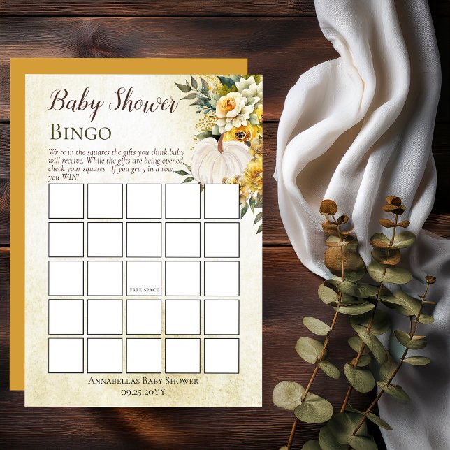 Invitation Récolte citrouille | Bingo Baby shower Floral Or (White Pumpkin and Gold Floral Baby Shower Bingo Game Print | Digital - Little Pumpkin Collection)