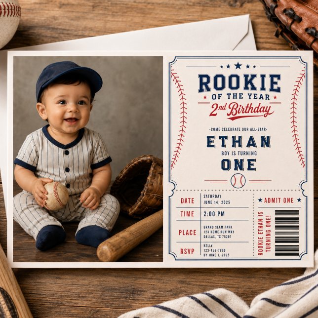 Invitation Recrue de l'année Baseball  photo 2e anniversaire  (Rookie of the Year Baseball photo 2nd Birthday Invitation
)